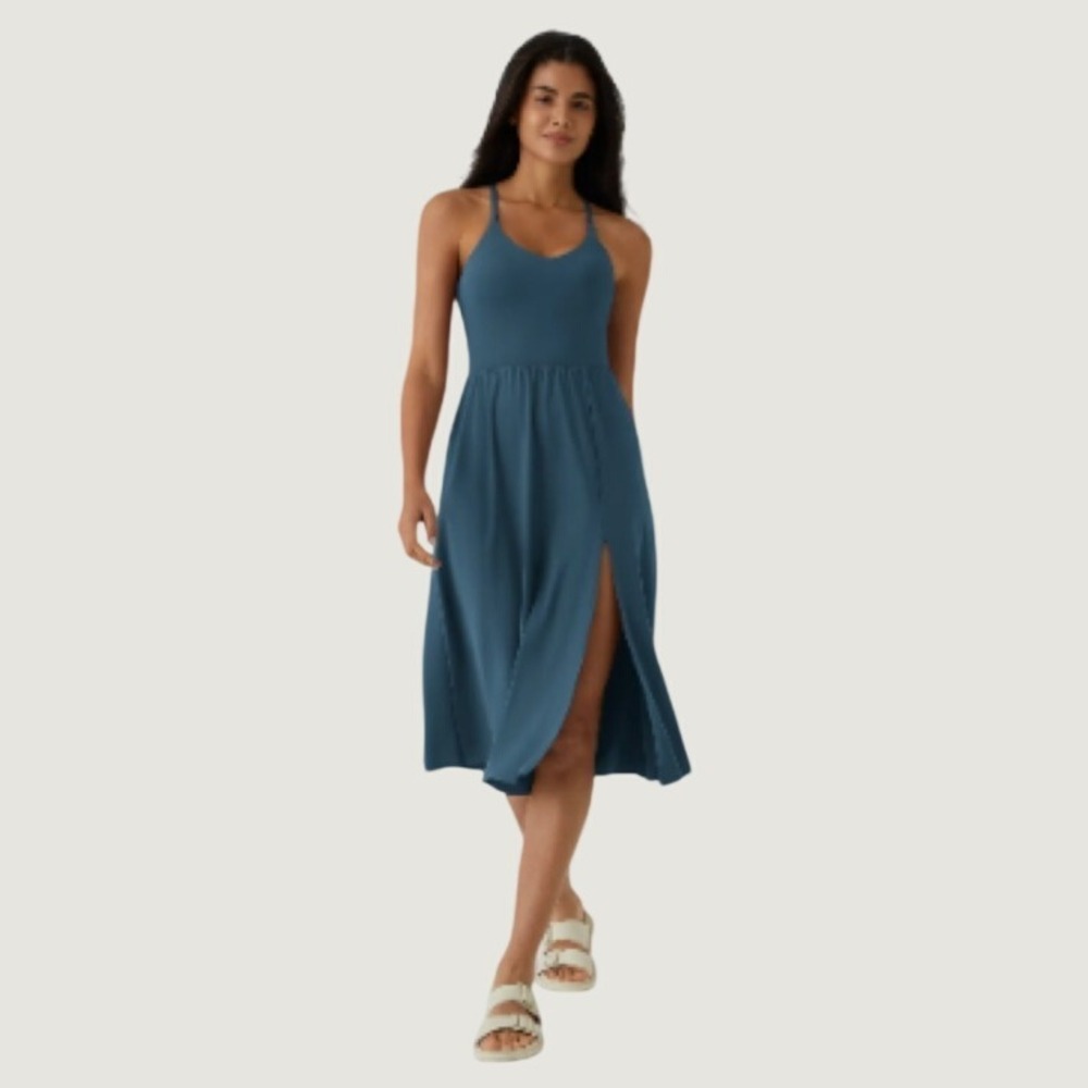 Halara Everyday Midi Chill Dress La Land Womens Medium Blue Nylon Slit Racerback
